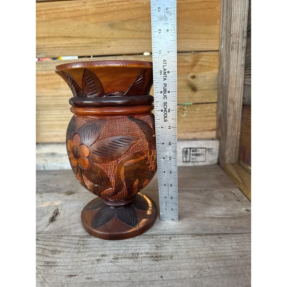 Vintage Hand Carved Wood  Bud Vase Folk Art Decor Flower Donkey‎ Palm Design